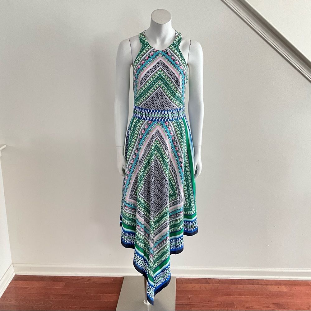 Eliza J Halter Handkerchief Hem Scarf Print Dress Green 8 - Picture 10 of 12